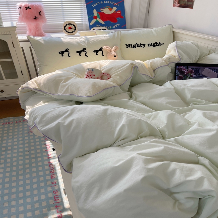 91家纺网 家纺一手货源 找家纺 六巷胡同 2024新款INS韩系蝴蝶结毛巾绣嵌绳边四件套 公主蝴蝶结-蜜绿