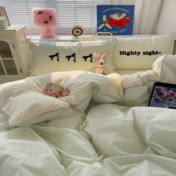 91家纺网 家纺一手货源 找家纺 六巷胡同 2024新款INS韩系蝴蝶结毛巾绣嵌绳边四件套 公主蝴蝶结-蜜绿