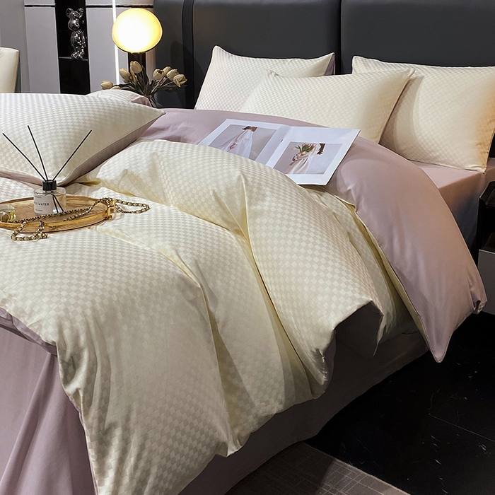 91家纺网 家纺一手货源 找家纺 金鑫汇 2024新款提花小方格全棉套件单品系列-单被套 奶昔白+淡紫