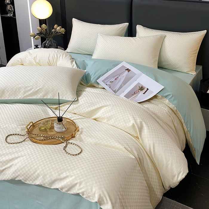 91家纺网 家纺一手货源 找家纺 金鑫汇 2024新款提花小方格全棉套件单品系列-四件套 奶昔白+水绿