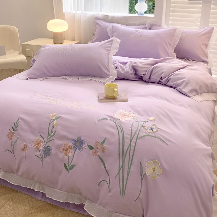 91家纺网 家纺一手货源 找家纺 （总）凯艾玲 2024新款简约轻奢磨毛细斜纹四件套-花之舞 紫色