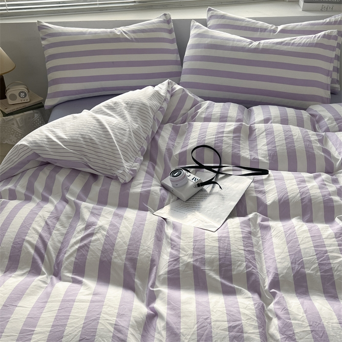 91家纺网 家纺一手货源 找家纺 多品 2024新款高克重水洗棉双层纱皱皱纱四件套 丁香紫条