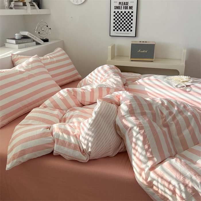 91家纺网 家纺一手货源 找家纺 多品 2024新款高克重水洗棉双层纱皱皱纱四件套 蜜桃粉