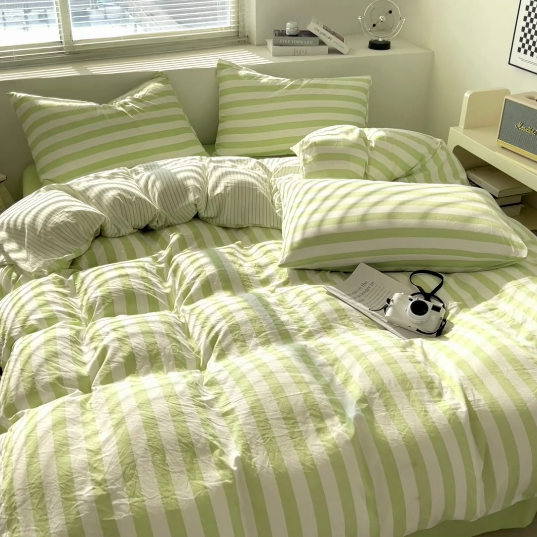 91家纺网 家纺一手货源 找家纺 多品 2024新款高克重水洗棉双层纱皱皱纱四件套 松绿条