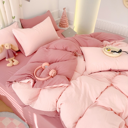 颜选 2024新款简约纯色水洗棉双拼四件套 豆沙玉