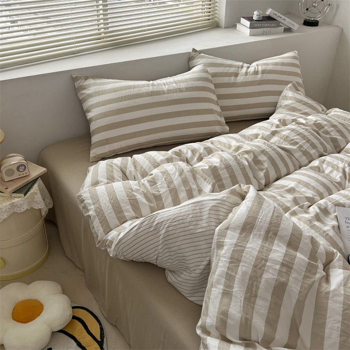 91家纺网 家纺一手货源 找家纺 多品 2024新款高克重水洗棉双层纱皱皱纱四件套 暮落浅咖