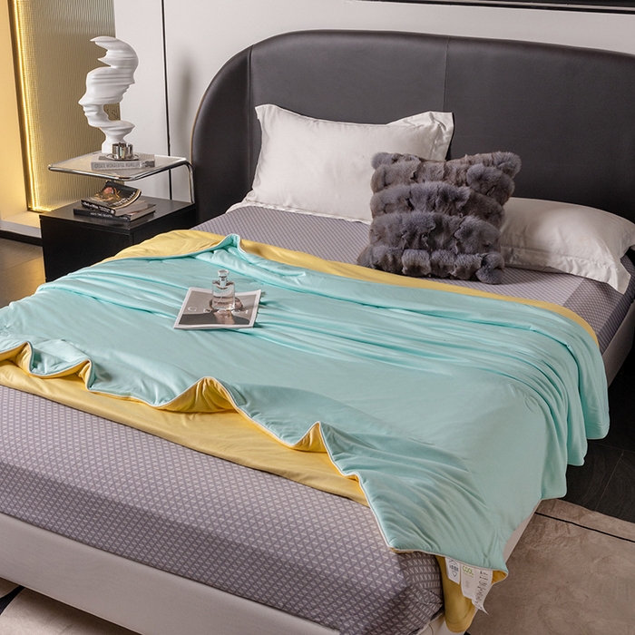 91家纺网 家纺一手货源 找家纺 小芽 2024新款凉感丝夏被 水绿+黄