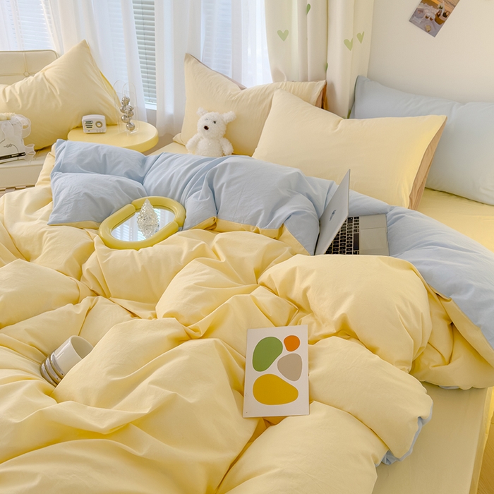 91家纺网 家纺一手货源 找家纺 颜选 2024新款简约纯色水洗棉双拼四件套 奶黄+蓝