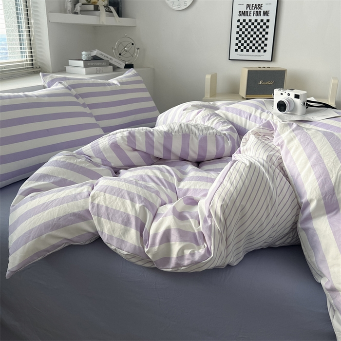 91家纺网 家纺一手货源 找家纺 多品 2024新款高克重水洗棉双层纱皱皱纱四件套 丁香紫条