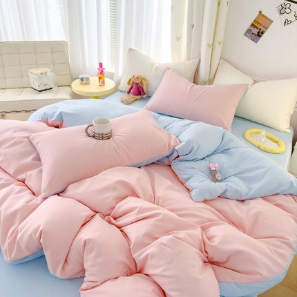 颜选 2024新款简约纯色水洗棉双拼四件套 玉+蓝