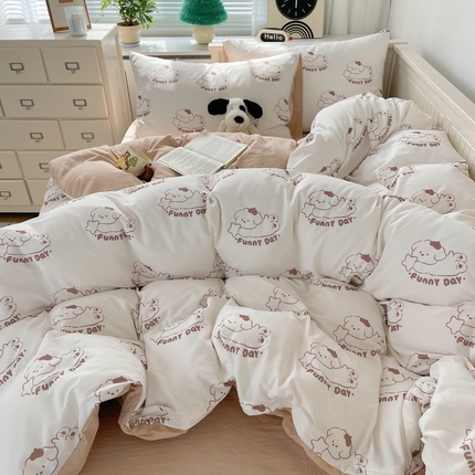 91家纺网 家纺一手货源 找家纺 顾里家纺 2024新款ins韩系华夫格四件套 星星趴狗