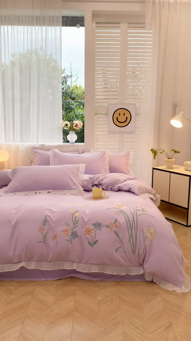 91家纺网 家纺一手货源 找家纺 （总）凯艾玲 2024新款简约轻奢磨毛细斜纹四件套-花之舞 紫色