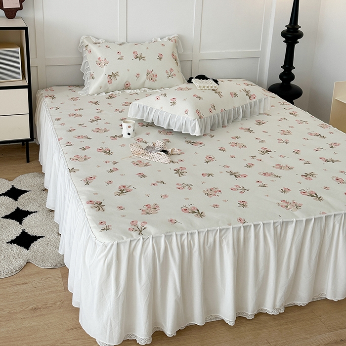 91家纺网 家纺一手货源 找家纺 昔可家纺 2024新款A类900D仙仙雪纺床裙冰丝席 韩系碎花