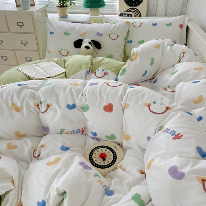 91家纺网 家纺一手货源 找家纺 顾里家纺 2024新款ins韩系华夫格四件套 爱心笑脸