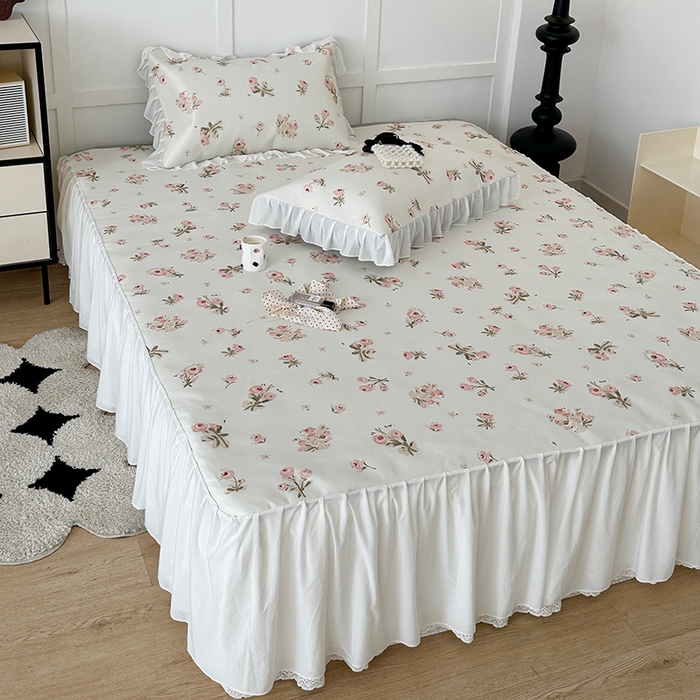 91家纺网 家纺一手货源 找家纺 昔可家纺 2024新款A类900D仙仙雪纺床裙冰丝席 韩系碎花