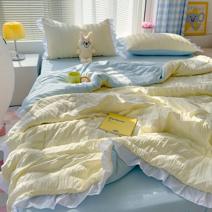颜选 2024新款泡泡纱花边夏被单品夏被四件套 奶黄+浅蓝