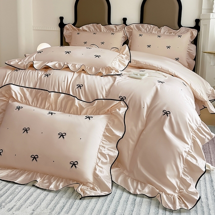 91家纺网 家纺一手货源 找家纺 KA家纺 2025春夏新品全棉绣花四件套蝴蝶结系列 蝴蝶结香槟