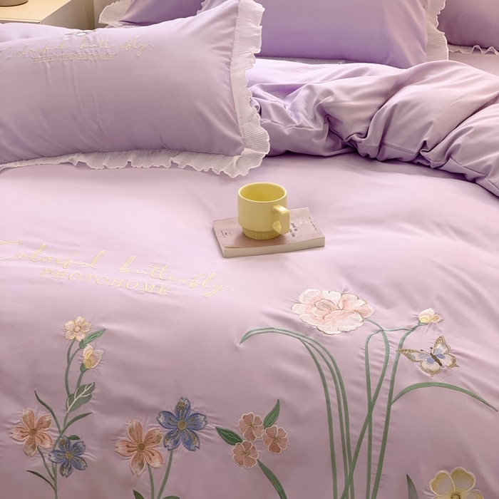 91家纺网 家纺一手货源 找家纺 （总）凯艾玲 2024新款简约轻奢磨毛细斜纹四件套-花之舞 紫色