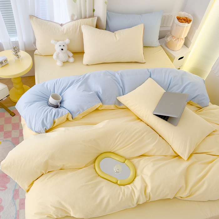 91家纺网 家纺一手货源 找家纺 颜选 2024新款简约纯色水洗棉双拼四件套 奶黄+蓝