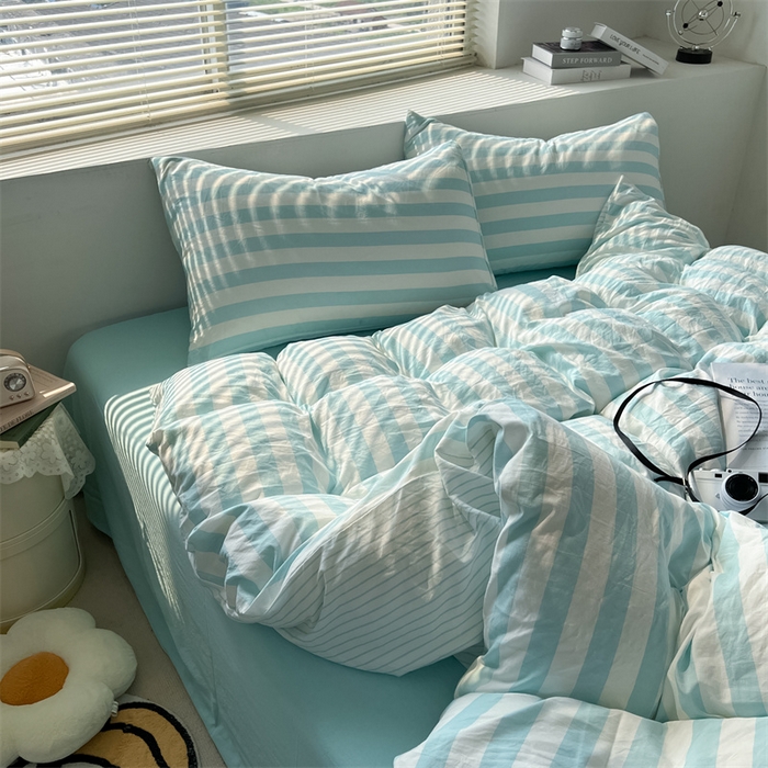 91家纺网 家纺一手货源 找家纺 多品 2024新款高克重水洗棉双层纱皱皱纱四件套 糯米蓝条