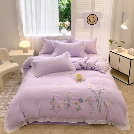 91家纺网 家纺一手货源 找家纺 （总）凯艾玲 2024新款简约轻奢磨毛细斜纹四件套-花之舞 紫色