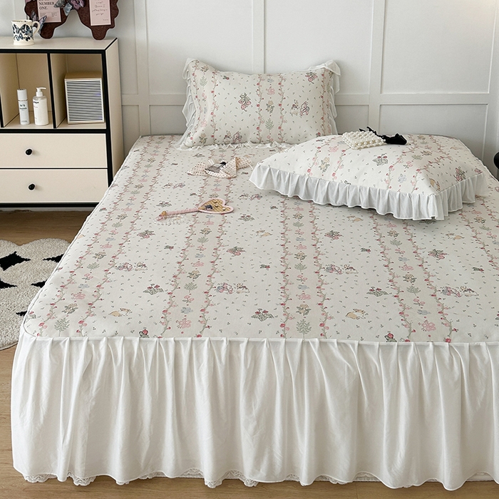 91家纺网 家纺一手货源 找家纺 昔可家纺 2024新款A类900D仙仙雪纺床裙冰丝席 花朵小兔