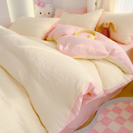 91家纺网 家纺一手货源 找家纺 颜选 2024新款简约纯色水洗棉双拼四件套 奶黄+粉