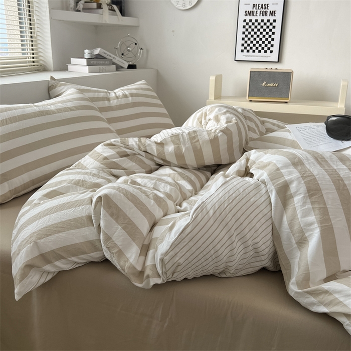 91家纺网 家纺一手货源 找家纺 多品 2024新款高克重水洗棉双层纱皱皱纱四件套 暮落浅咖