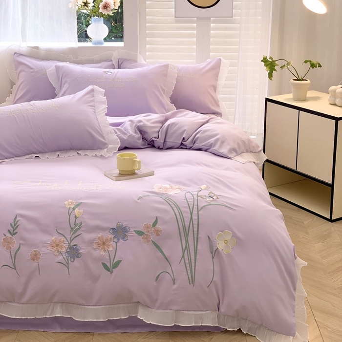 91家纺网 家纺一手货源 找家纺 （总）凯艾玲 2024新款简约轻奢磨毛细斜纹四件套-花之舞 紫色