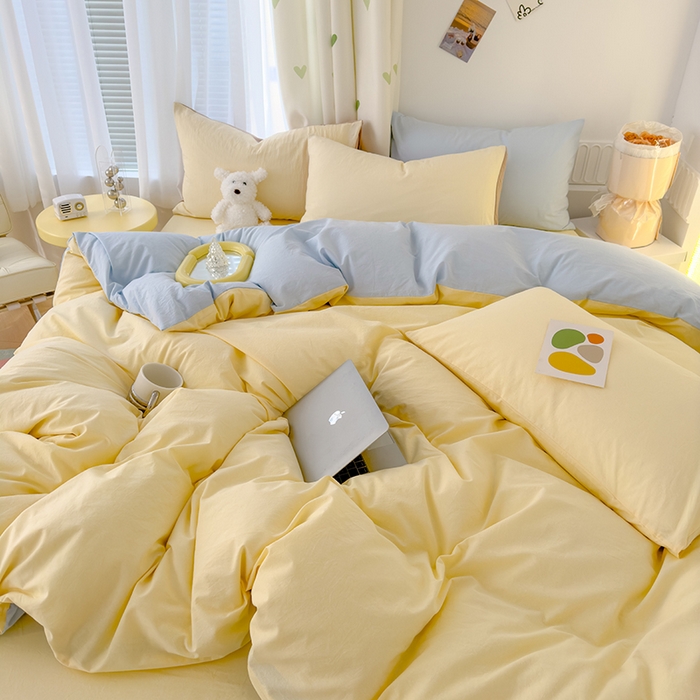 91家纺网 家纺一手货源 找家纺 颜选 2024新款简约纯色水洗棉双拼四件套 奶黄+蓝