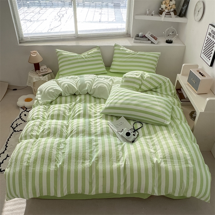 91家纺网 家纺一手货源 找家纺 多品 2024新款高克重水洗棉双层纱皱皱纱单品被套 松绿条