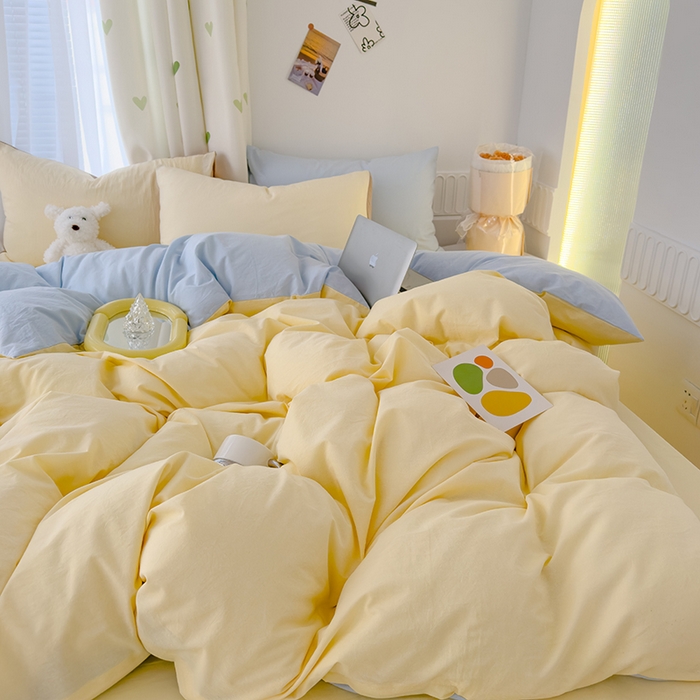 91家纺网 家纺一手货源 找家纺 颜选 2024新款简约纯色水洗棉双拼四件套 奶黄+蓝