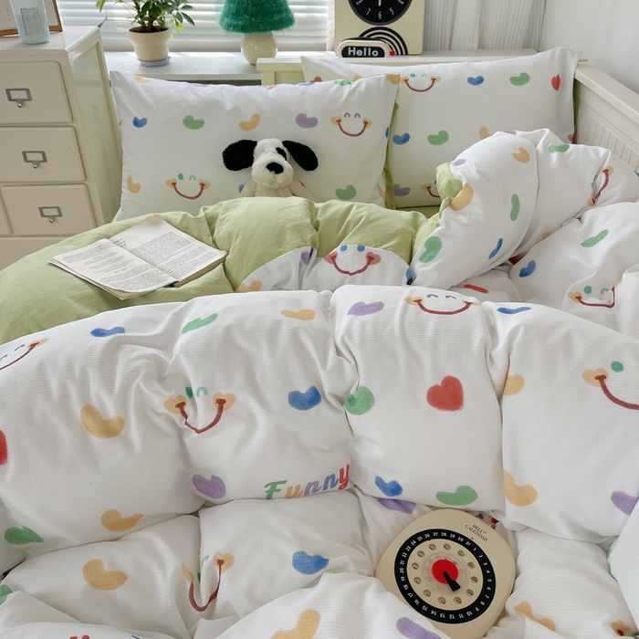 91家纺网 家纺一手货源 找家纺 顾里家纺 2024新款ins韩系华夫格四件套 爱心笑脸