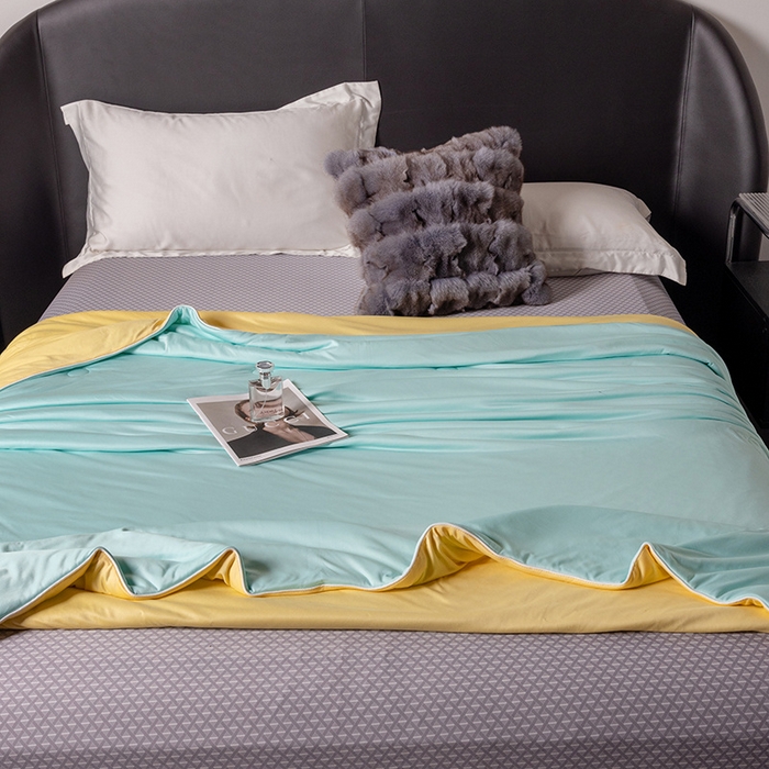 91家纺网 家纺一手货源 找家纺 小芽 2024新款凉感丝夏被 水绿+黄