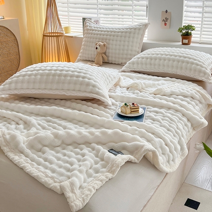 芸锦豪 2024新款仿兔毛泡泡绒毛毯-包边款毛毯 米白-包边款