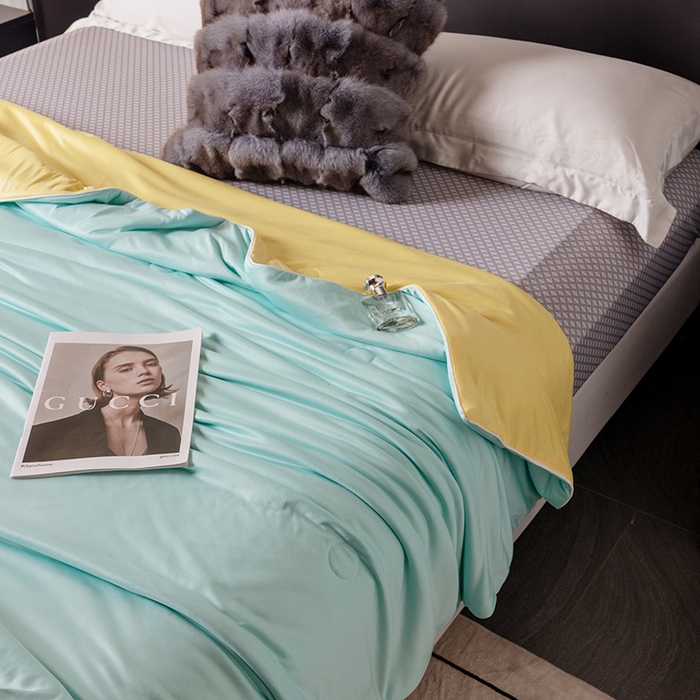 91家纺网 家纺一手货源 找家纺 小芽 2024新款凉感丝夏被 水绿+黄