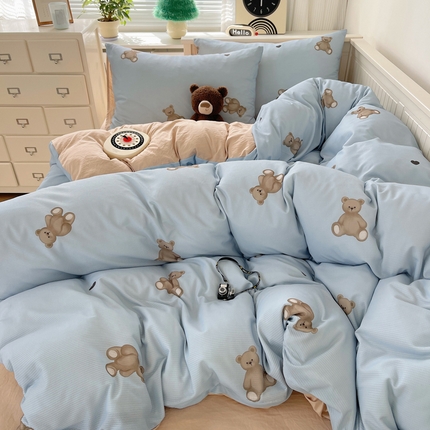 91家纺网 家纺一手货源 找家纺 顾里家纺 2024新款ins韩系华夫格四件套 韩系小熊