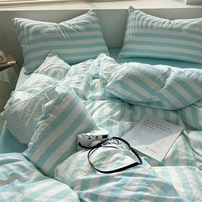 91家纺网 家纺一手货源 找家纺 多品 2024新款高克重水洗棉双层纱皱皱纱四件套 糯米蓝条