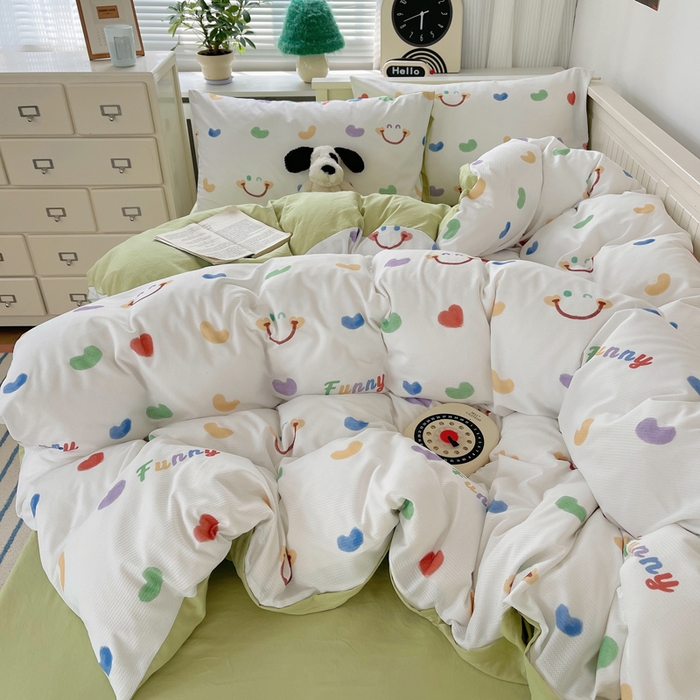 91家纺网 家纺一手货源 找家纺 顾里家纺 2024新款ins韩系华夫格四件套 爱心笑脸