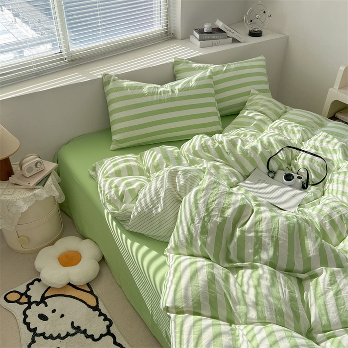 91家纺网 家纺一手货源 找家纺 多品 2024新款高克重水洗棉双层纱皱皱纱四件套 松绿条