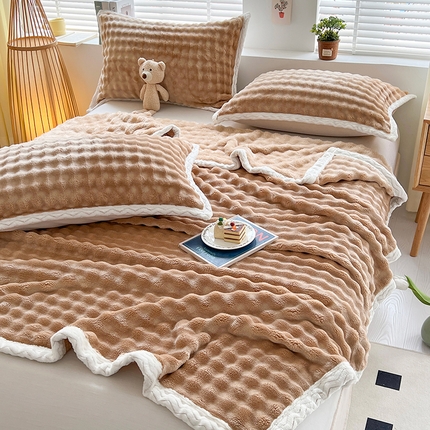 芸锦豪 2024新款仿兔毛泡泡绒毛毯-包边款毛毯 咖色-包边款