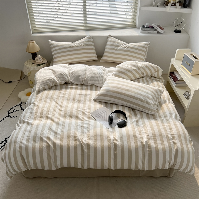 91家纺网 家纺一手货源 找家纺 多品 2024新款高克重水洗棉双层纱皱皱纱四件套 暮落浅咖