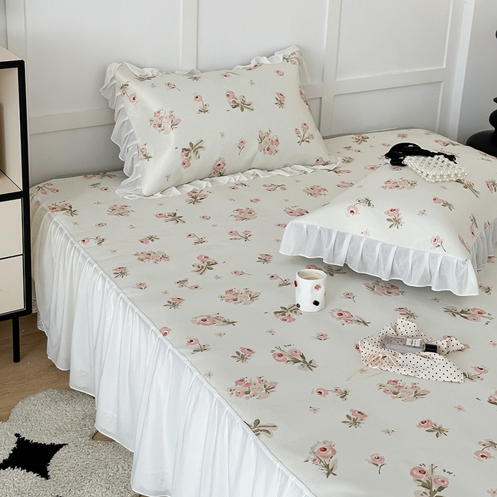 91家纺网 家纺一手货源 找家纺 昔可家纺 2024新款A类900D仙仙雪纺床裙冰丝席 韩系碎花