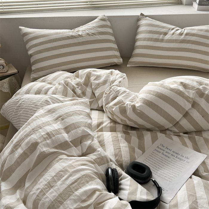 91家纺网 家纺一手货源 找家纺 多品 2024新款高克重水洗棉双层纱皱皱纱四件套 暮落浅咖