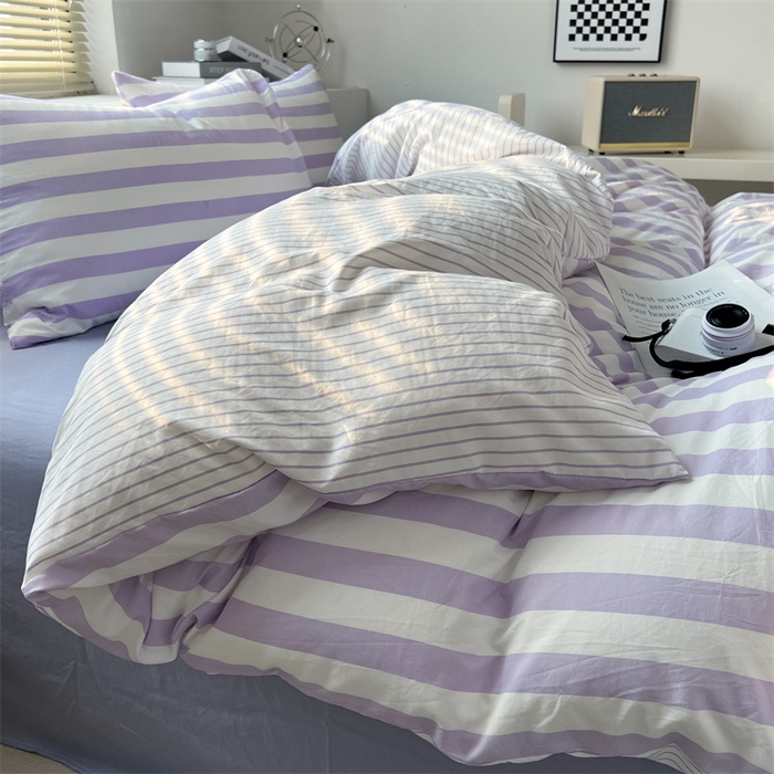 91家纺网 家纺一手货源 找家纺 多品 2024新款高克重水洗棉双层纱皱皱纱四件套 丁香紫条