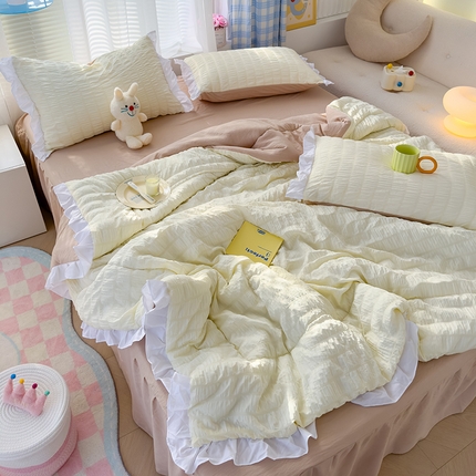颜选 2024新款泡泡纱花边夏被单品夏被四件套 奶黄+卡其