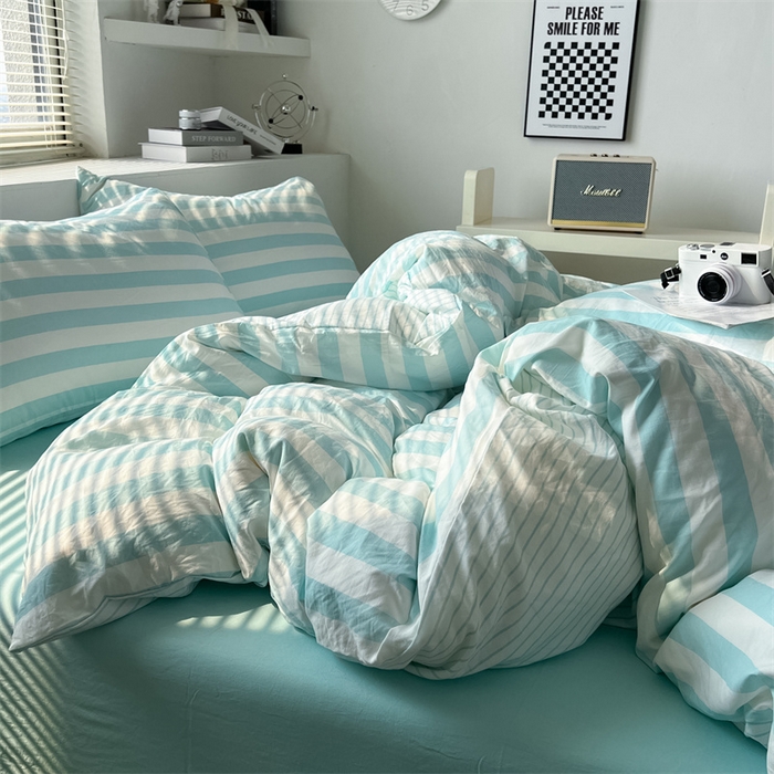 91家纺网 家纺一手货源 找家纺 多品 2024新款高克重水洗棉双层纱皱皱纱四件套 糯米蓝条