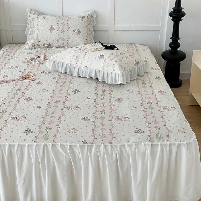 91家纺网 家纺一手货源 找家纺 昔可家纺 2024新款A类900D仙仙雪纺床裙冰丝席 花朵小兔