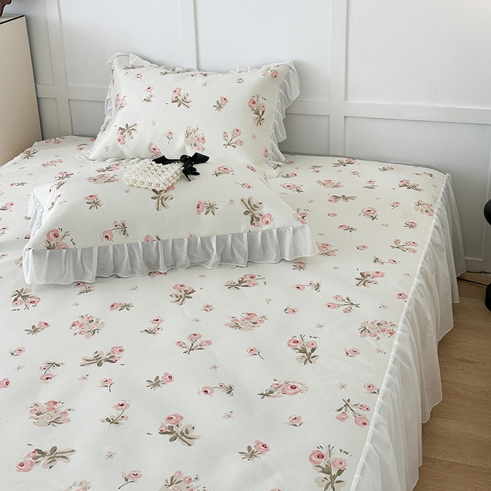 91家纺网 家纺一手货源 找家纺 昔可家纺 2024新款A类900D仙仙雪纺床裙冰丝席 韩系碎花