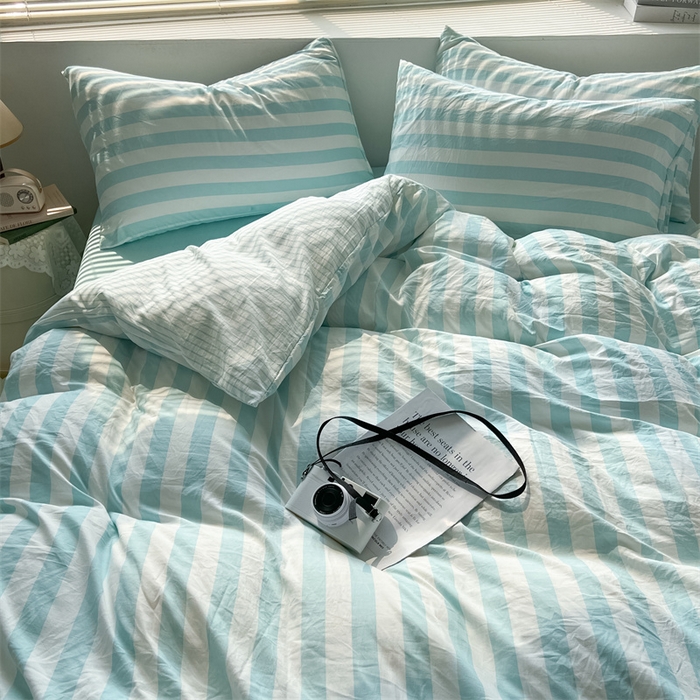 91家纺网 家纺一手货源 找家纺 多品 2024新款高克重水洗棉双层纱皱皱纱四件套 糯米蓝条